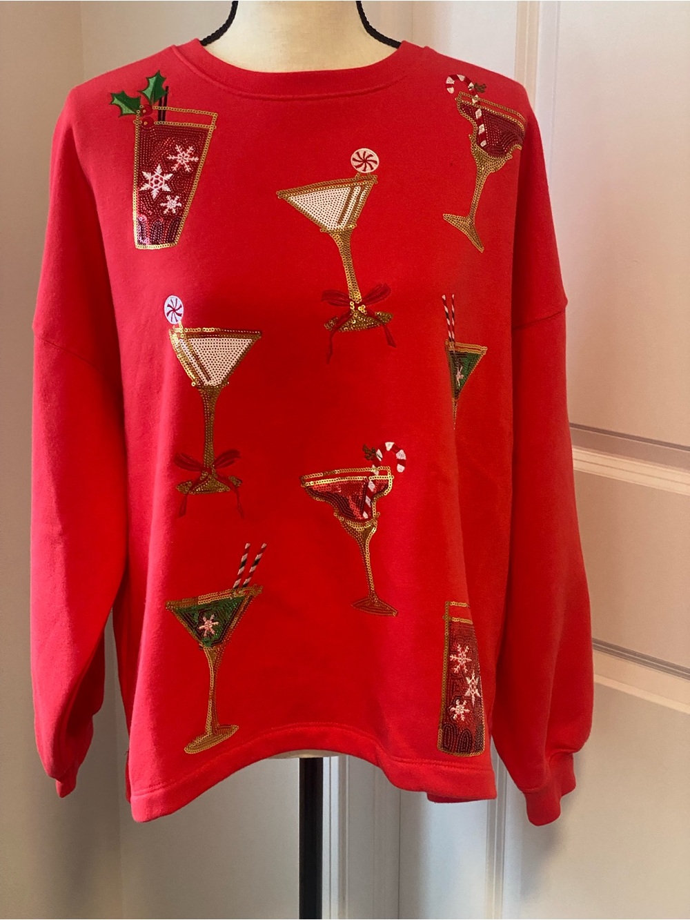 State Of Mine Sparkle Sweatshirt Cocktail Holiday Martini Christmas Red NWT L